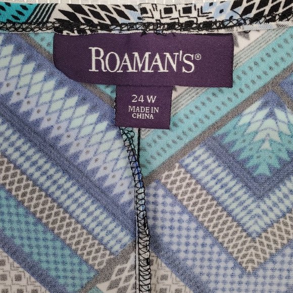 Roaman's Plus Size 24W Dress Geometric Tile Stretch Faux Wrap Pullover Midi Blue - Picture 7 of 12